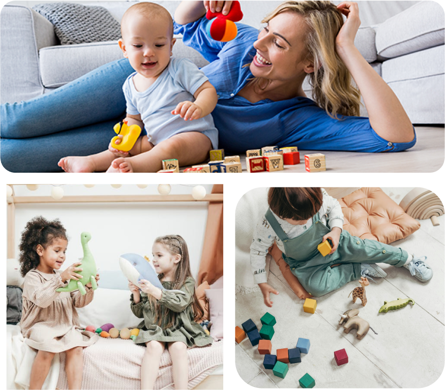 Children playing with toys, engaging in creative activities, and fostering community through toy donations at GoGo's RePlay Toys initiative.