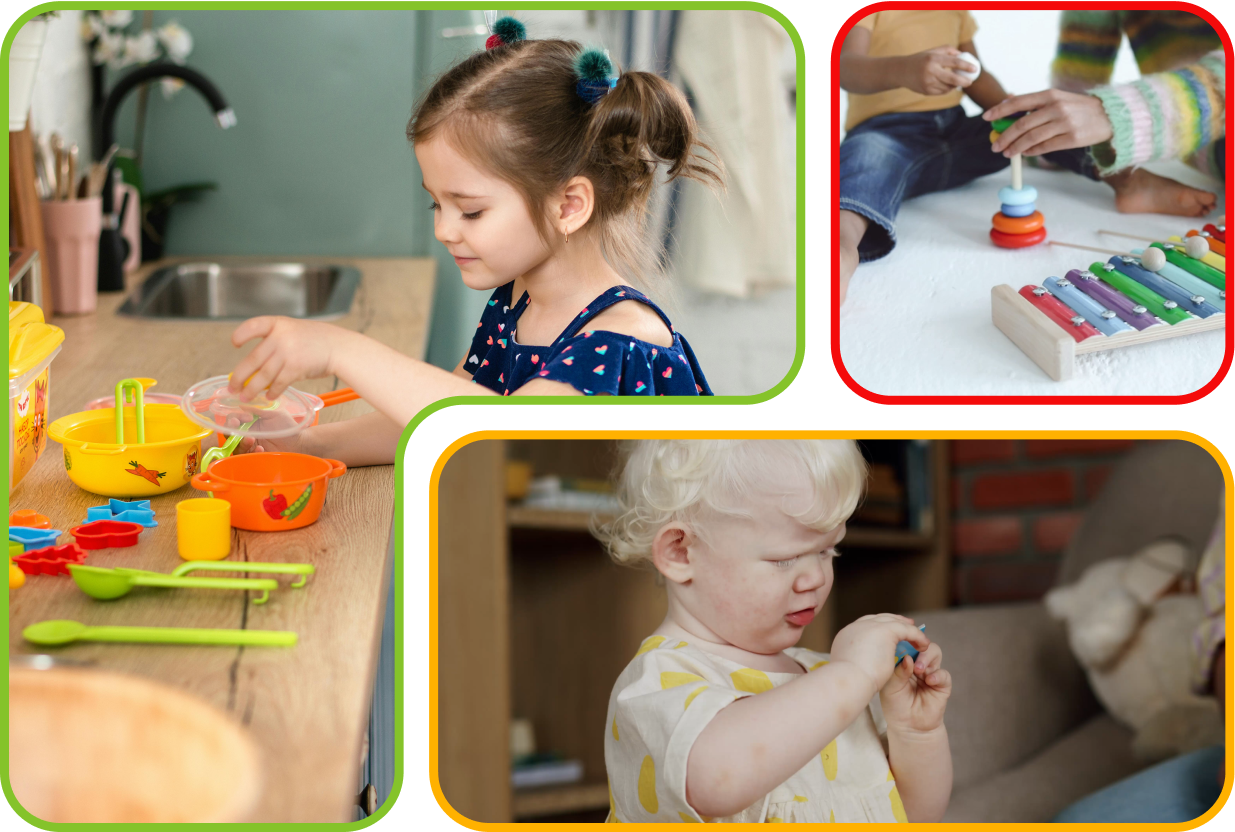 Children engaging in play with toys, including a girl organizing colorful kitchen playsets, kids stacking rings, and a toddler exploring a xylophone, illustrating joyful learning and community involvement through play.