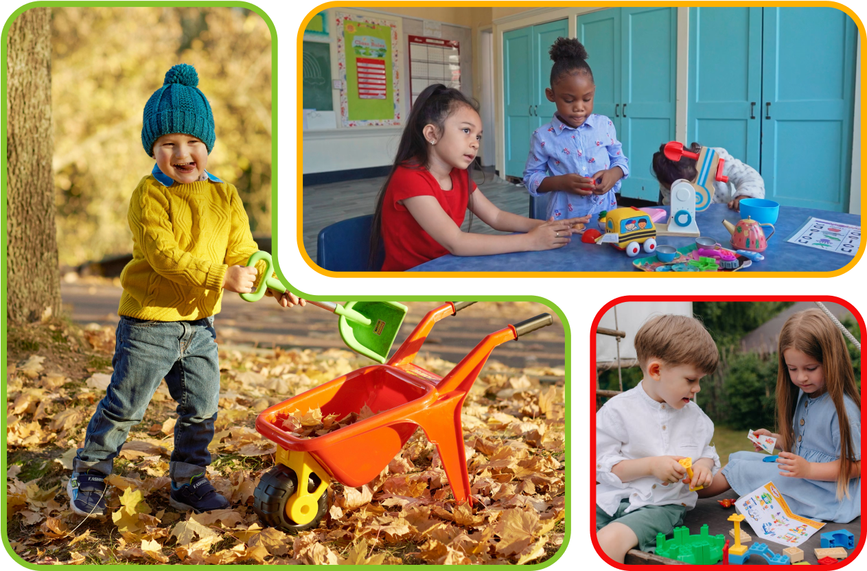 Children engaging in play with toys and interactive activities, including a boy with a toy wheelbarrow collecting leaves, girls playing with colorful toys at a table, and two children collaborating on building blocks, highlighting the joy of play and community involvement in toy distribution efforts.